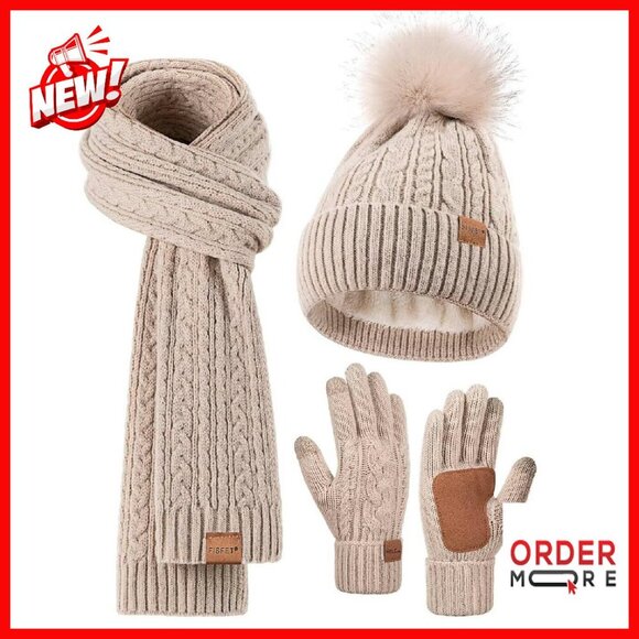 Fleece Lined Pom Pom Beanie Touchscreen Gloves Scarf Winter Set main image 5